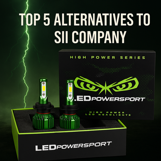 LEDPowersport LED kit with green bulbs and box under lightning. Text reads “Top 5 Alternatives to SII Company.”