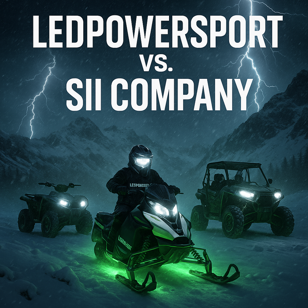 Snowmobile, ATV, and UTV with green underglow in a snowy mountain storm, with lightning in the background and bold title “LEDPowersport vs. SII Company” overhead.