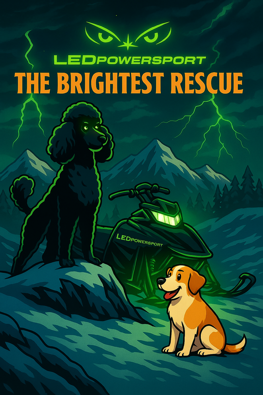 LED-powered digital illustration of a black poodle and white-and-brown-yellow dog named Loki standing beside a glowing snowmobile in a stormy mountain scene, with “The Brightest Rescue” text and lightning striking behind them.