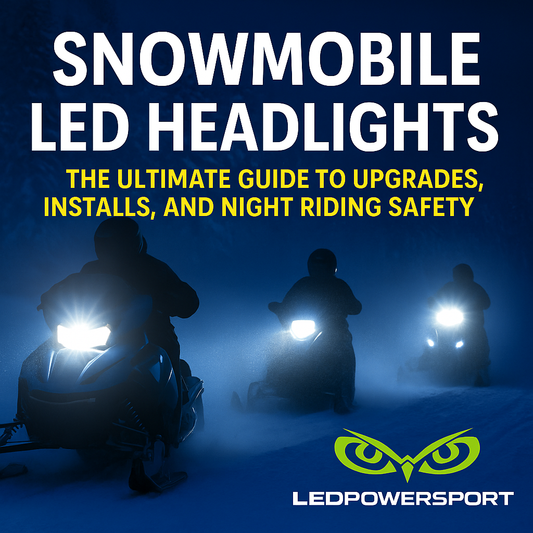 Snowmobile LED headlights guide – Polaris, Ski-Doo, Arctic Cat, and Yamaha sleds with bright 6000K beams at night. LEDPowersport™ logo with tagline about upgrades, installs, and safer riding.