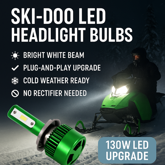 Ski-Doo LED headlight bulbs with all-green LED upgrade, cold weather ready, bright white beam, plug-and-play install for snowmobiles.
