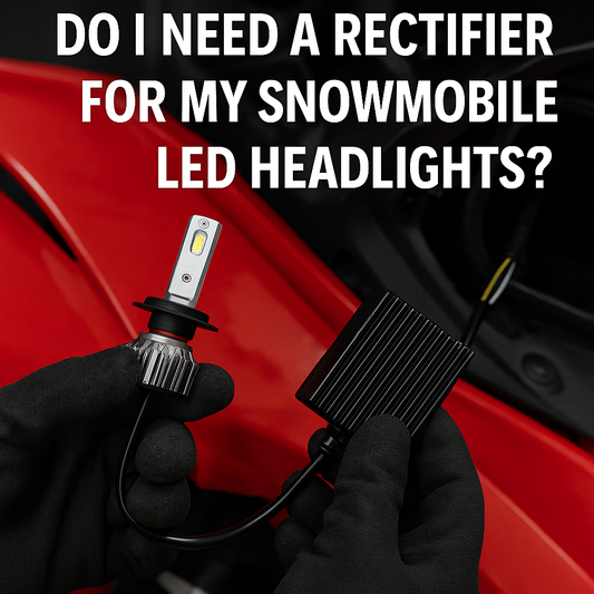 Mechanic holding snowmobile LED headlight and rectifier with text overlay – Do I Need a Rectifier for My Snowmobile LED Headlights – LEDPowersport™