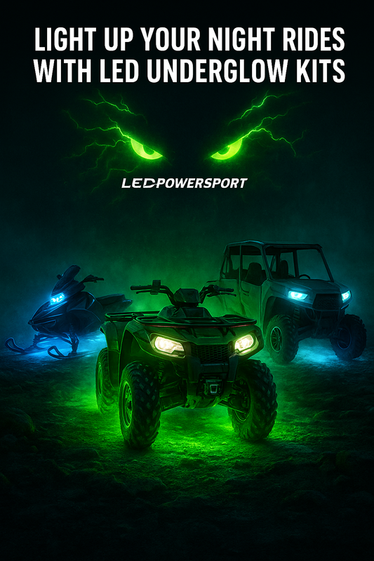 ATV, UTV, and snowmobile with vibrant green and blue LED underglow lighting at night, glowing terrain and fog, LEDPowersport logo above, off-road LED lighting kits