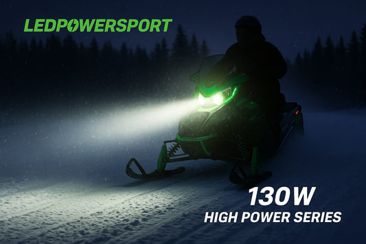 Snowmobile LED headlights 130W High Power Series by LEDPowersport lighting up snowy trail at night