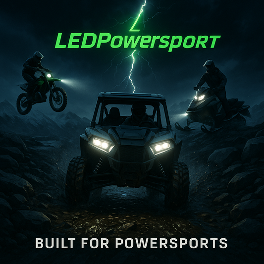 UTV, ATV, and snowmobile with bright white LED headlights racing through a stormy trail, LEDPowersport logo glowing with lightning, built for powersports lighting kits