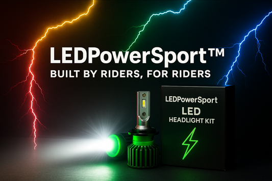 LEDPowersport™ LED headlight kit with green bulb, black branded box, and red, yellow, green, and blue lightning — built by riders for powersports use