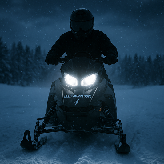 Snowmobile riding through snowfall with bright white LED headlights, LEDPowersport branding on hood, snowy forest in background at dusk