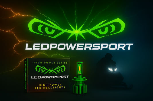 LEDPowersport™ High Power Series LED kit with green bulb, product box, snowmobile headlights, and glowing green lightning branding