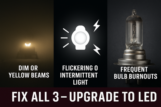 Infographic showing three snowmobile headlight issues: dim yellow beams, flickering light, and frequent bulb burnouts — with a bold caption urging LED upgrades.