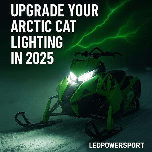 Green Arctic Cat snowmobile with bright LED headlights and green lightning sky, promoting 2025 LED lighting upgrades by LEDPowersport.