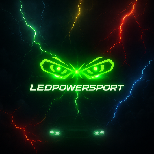 LEDPowersport logo glowing with green energy surrounded by red, yellow, blue, and green lightning bolts in a stormy sky, with bright white LED headlights powering up below