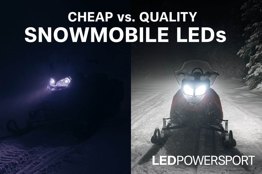 Side-by-side image comparing cheap snowmobile LED headlights with purple flickering beams vs. LEDPowersport’s bright white high-power beam on snowy trail.