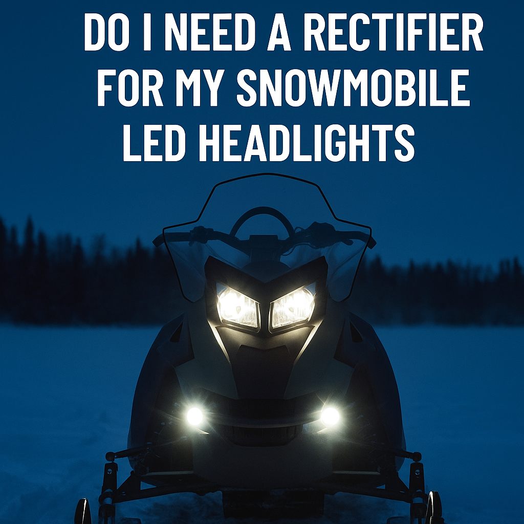Snowmobile with bright LED headlights parked on snow at dusk under text that reads “Do I need a rectifier for my snowmobile LED headlights?”