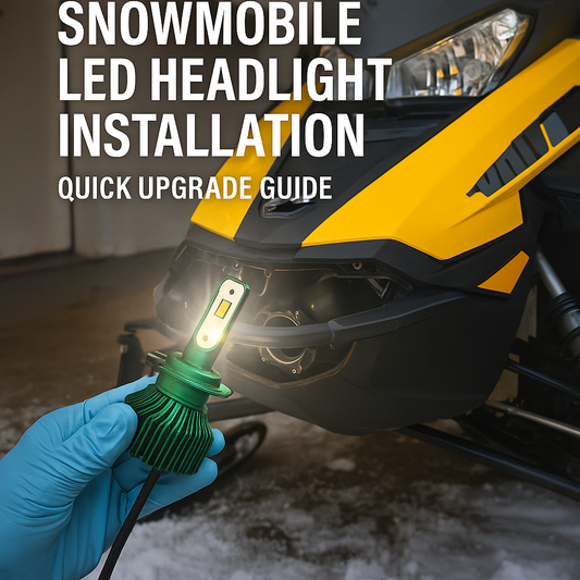 Installing LED headlight in yellow Ski-Doo snowmobile using LEDPowersport green heatsink bulb and nitrile gloves during winter upgrade.