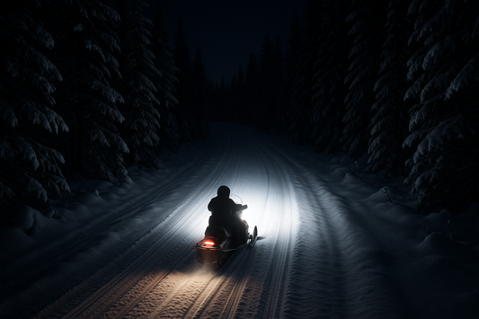 Snowmobile riding through a snowy forest trail at night, projecting bright white LED headlights that illuminate the snow-covered path and trees ahead.