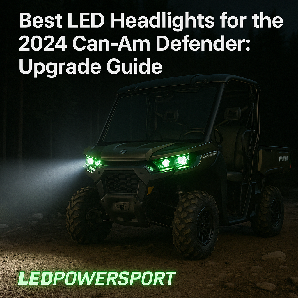 Comparison chart showing LEDPowersport vs. Amazon LED kits for off-road vehicles. Highlights LEDPowersport’s advantages: 13,000 lumens brightness, lifetime warranty, Defender-specific compatibility, fast U.S. shipping, and green heatsink build quality.