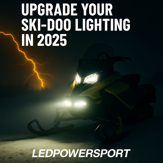 Ski-Doo snowmobile with bright LED headlights and yellow lightning in background, promoting 2025 LED lighting upgrade from LEDPowersport.
