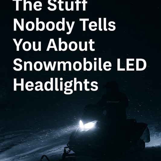 Snowmobile LED headlights shining on snowy trail with blog title overlay