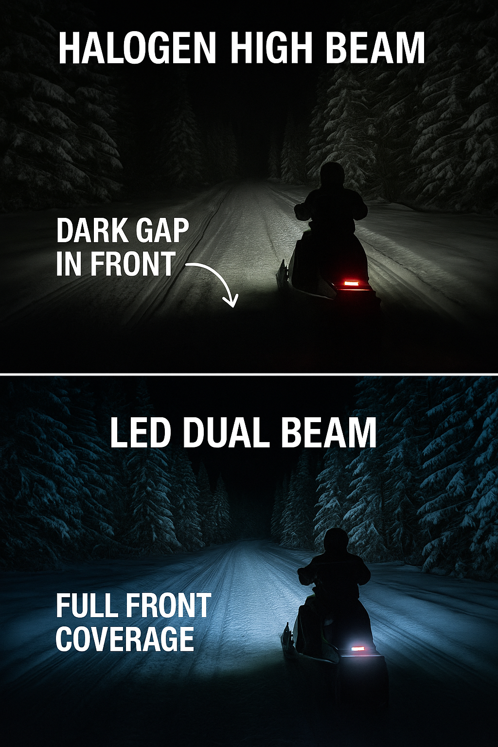 Snowmobile LED vs halogen headlight comparison showing bright white LED beam with full trail coverage and yellowish halogen beam with dark front gap.