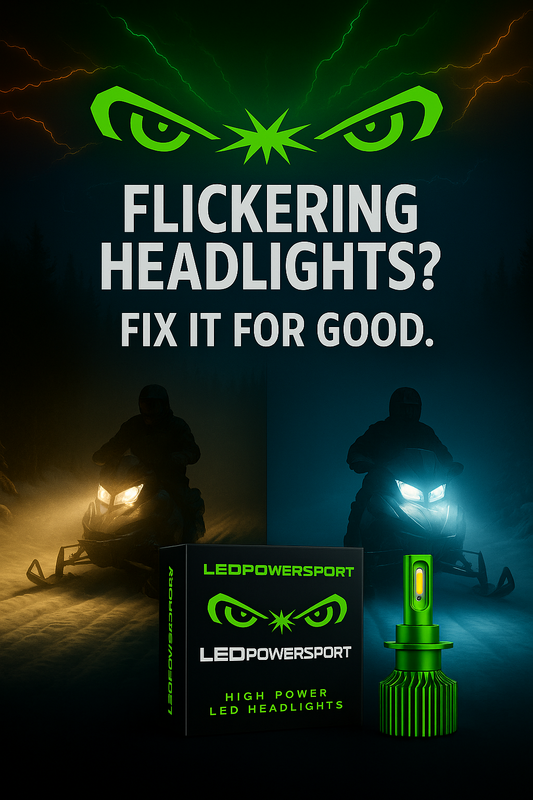 Split image showing flickering halogen snowmobile headlights vs bright white LEDPowersport™ beam with High Power Series LED kit and green LED bulb