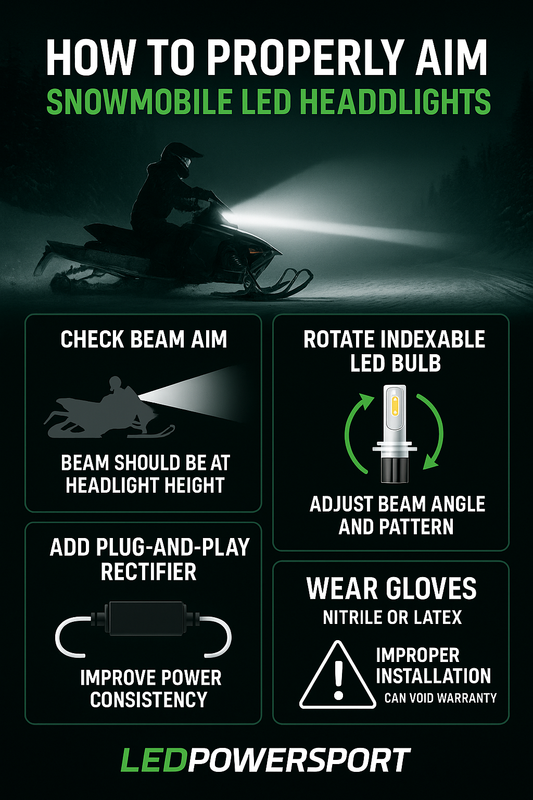 Snowmobile LED headlight aiming guide by LEDPowersport showing proper beam alignment, indexable LED bulb adjustment, plug-and-play rectifier installation, and glove safety warning to avoid warranty issues.