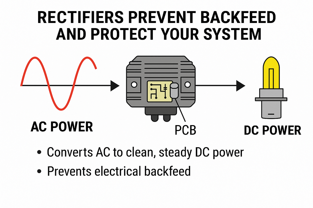Diagram showing how a rectifier converts AC to DC power and prevents backfeed in snowmobile LED headlight installations