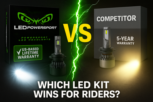 LEDPowersport™ High Power Series LED headlight kit with green LED bulb and US-Based Lifetime Warranty compared to a generic competitor’s yellow beam and 5-Year Warranty, separated by a green lightning bolt and VS graphic.
