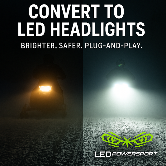 Side-by-side comparison of halogen vs LED snowmobile headlights by LEDPowersport™, showing dim yellow beam on left and bright white LED on right with logo.