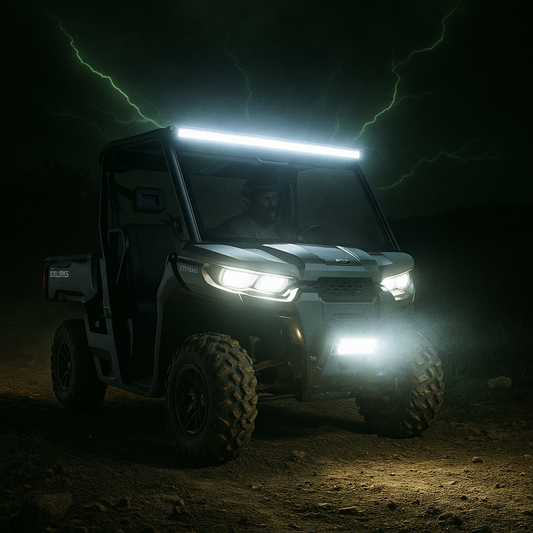 Can-Am Defender UTV driving through the night with ultra-bright LEDPowersport headlights and light bar glowing crisp white on rugged terrain