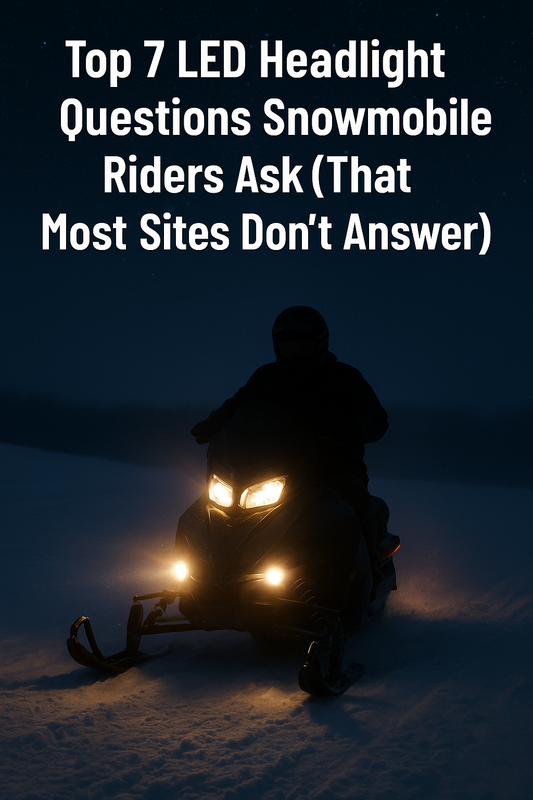 Snowmobile with bright LED headlights riding through snow at night under a starry sky — blog image for top LED headlight questions snowmobile riders ask.
