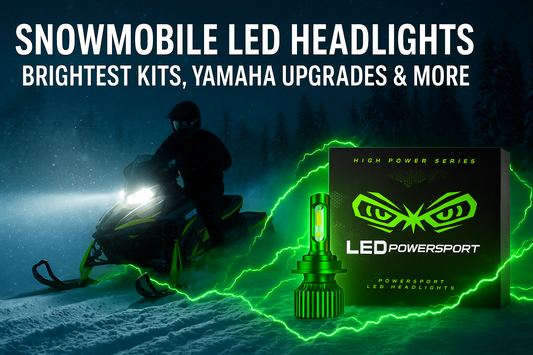Snowmobile with bright white LEDPowersport™ High Power Series headlights riding through snow at night, green lightning and product box with chrome green LED bulb.