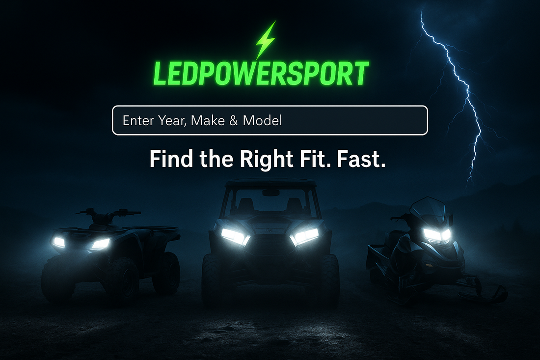 ATV, UTV, and snowmobile with bright LED headlights under stormy sky, LEDPowersport logo above search bar that says Enter Year, Make & Model – Find the Right Fit Fast