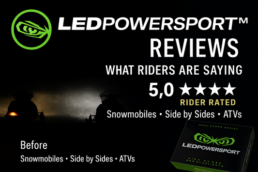 Before-and-after snowmobile headlight comparison with LEDPowersport™ logo, High Power Series box, 5.0 star rider rating, and text listing Snowmobiles, Side by Sides, and ATVs.