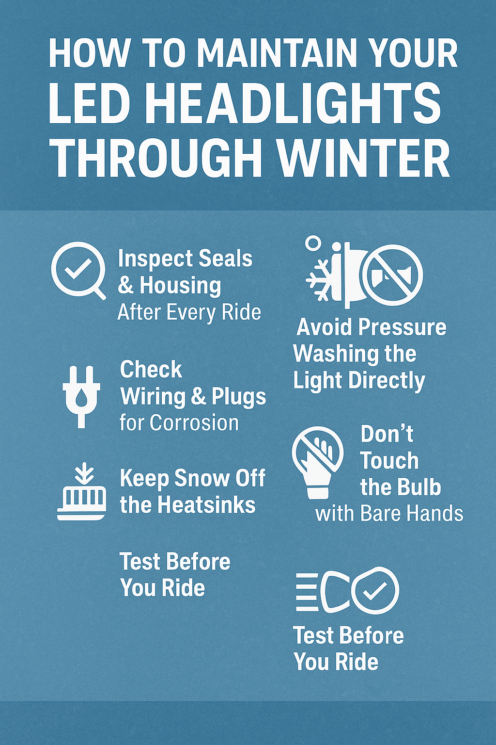 Infographic titled “How to Maintain Your LED Headlights Through Winter,” showing six tips: inspect seals, avoid pressure washing, check wiring, don’t touch the bulb with bare hands, keep snow off heatsinks, and test before each ride.