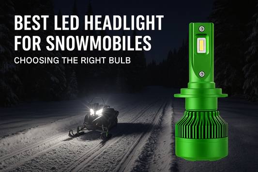 LEDPowersport™ green High Power Series LED bulb with snowmobile headlights on snowy trail – best LED headlight for snowmobiles