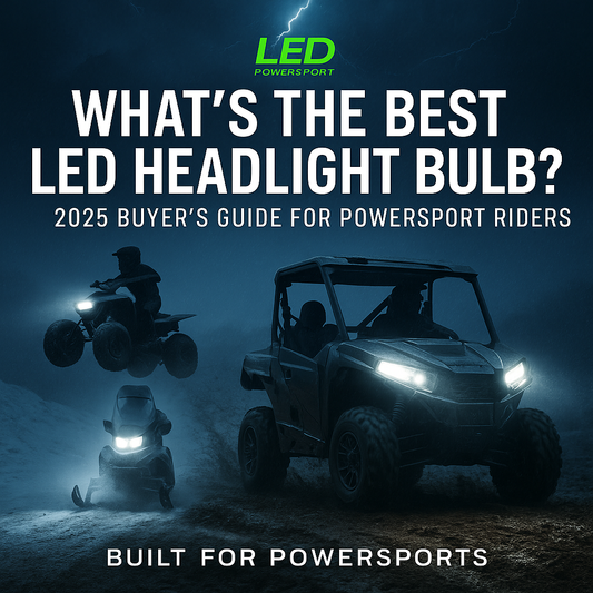 UTV, ATV, and snowmobile with white LED headlights in a stormy mountain scene, promoting the 2025 Buyer’s Guide for the best LED headlight bulb by LEDPowersport