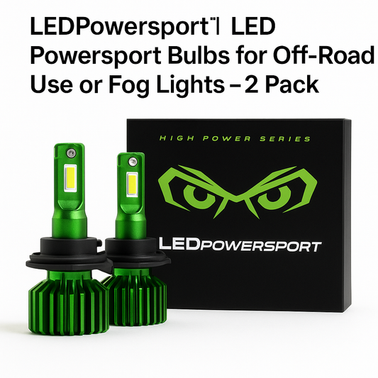 LEDPowersport™ LED Powersport Bulbs for Off-Road Use or Fog Lights – 2 Pack, High Performance headlight kit with bright green heatsinks and official LEDPowersport™ High Power Series packaging.