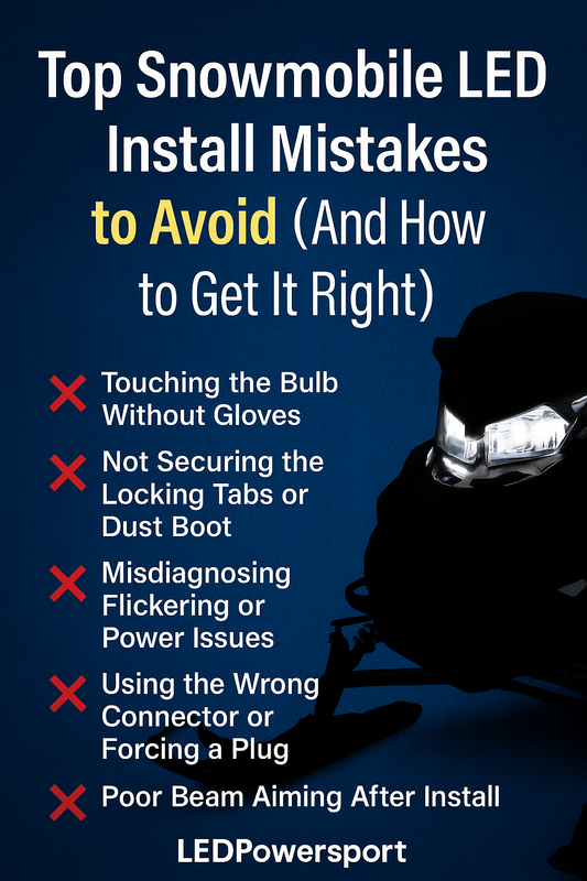 Snowmobile LED install mistakes to avoid – infographic with top 5 errors and LEDPowersport branding