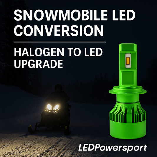 Snowmobile LED conversion with LEDPowersport™ all-green High Power LED bulb and bright white headlights on snowy trail – halogen to LED upgrade