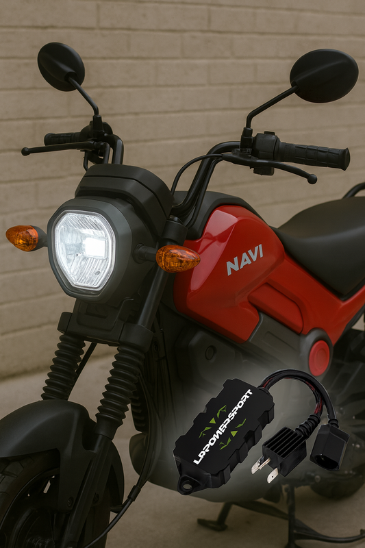 Honda Navi motorcycle with LED headlight upgrade and LEDPowersport™ H4 AC to DC rectifier installed for plug-and-play LED conversion.