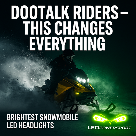 Yellow Ski-Doo snowmobile with bright white LEDPowersport™ headlights and green logo – DooTalk vendor announcement.