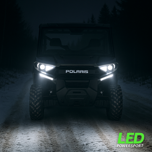 Polaris Ranger headlight bulb LED upgrade with bright white LEDPowersport lights on night trail