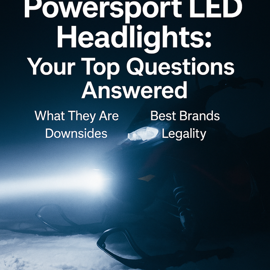 Snowmobile with bright white LED headlights on snowy trail – Powersport LED Headlights blog header – LEDPowersport™