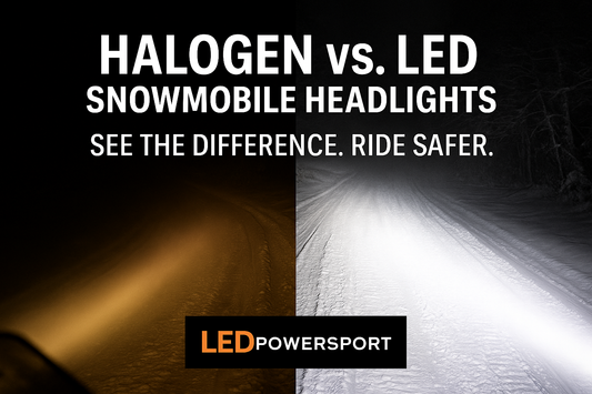 Side-by-side comparison of halogen vs. LED snowmobile headlights showing dim yellow halogen beam and bright white LEDPowersport beam on a snowy trail.