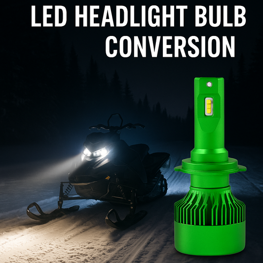 Best snowmobile LED headlight bulb conversion – LEDPowersport™ green High Power Series LED bulb with snowmobile on snowy trail at night