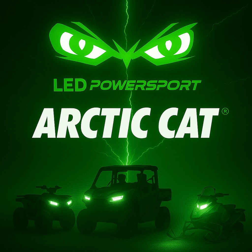 Arctic Cat UTV, ATV, and snowmobile lit by brilliant white LED headlights with green lightning effects, representing LEDPowersport high-performance kits.