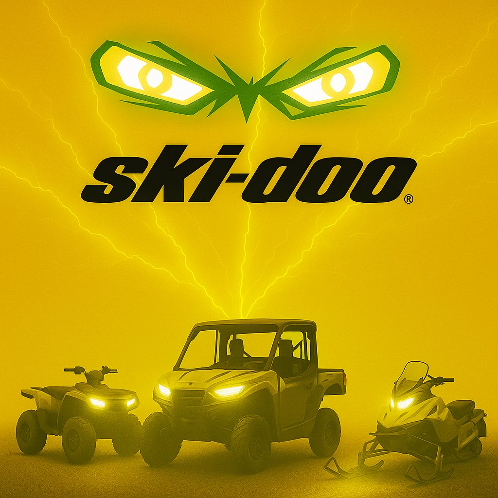Ski-Doo UTV, ATV, and snowmobile with vivid white LED headlights in a yellow lightning storm background, featuring LEDPowersport lighting kits.