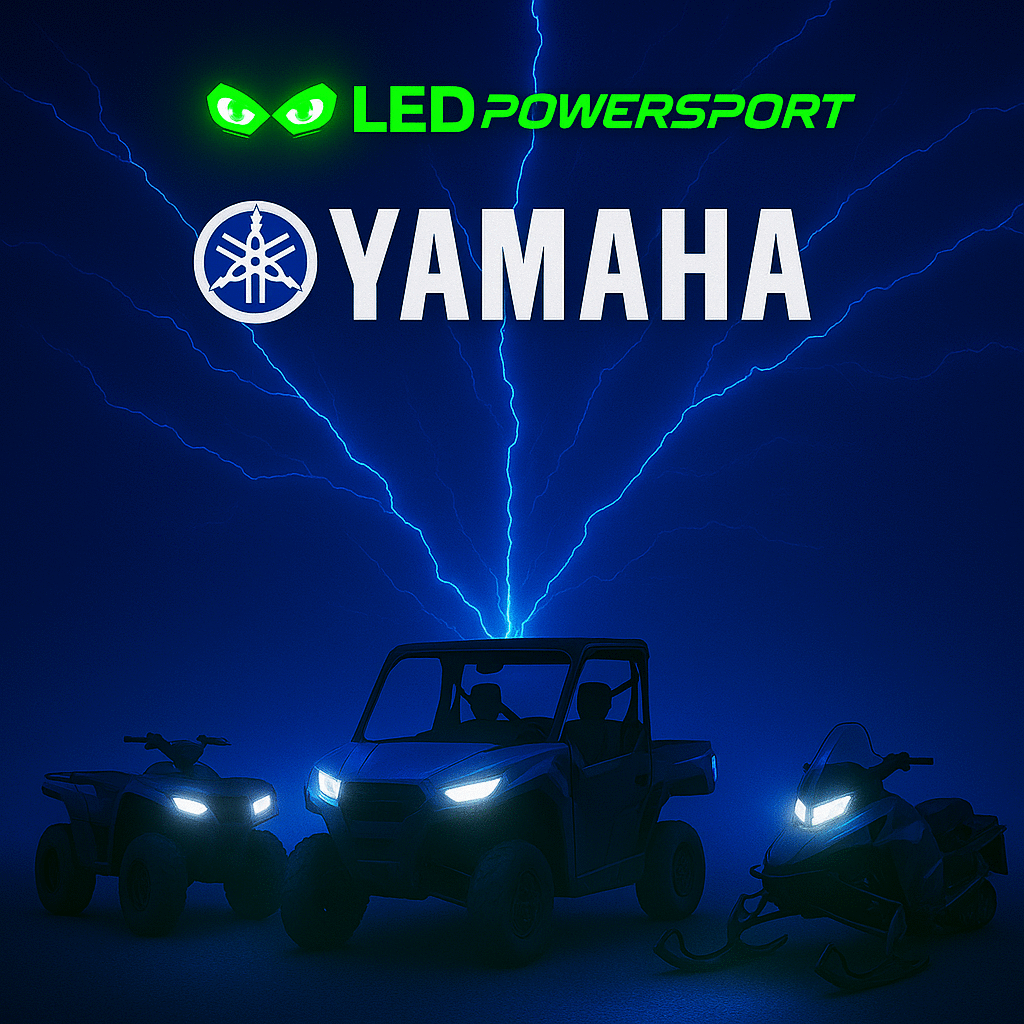 Yamaha UTV, ATV, and snowmobile lit with crisp white LED headlights in electric blue scene, showcasing LEDPowersport lighting upgrades.