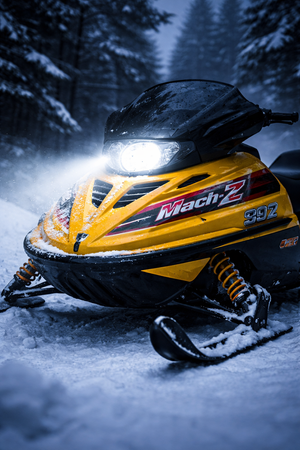 1997 Ski-Doo Mach Z snowmobile with bright white LED headlight upgrade by LEDPowersport™