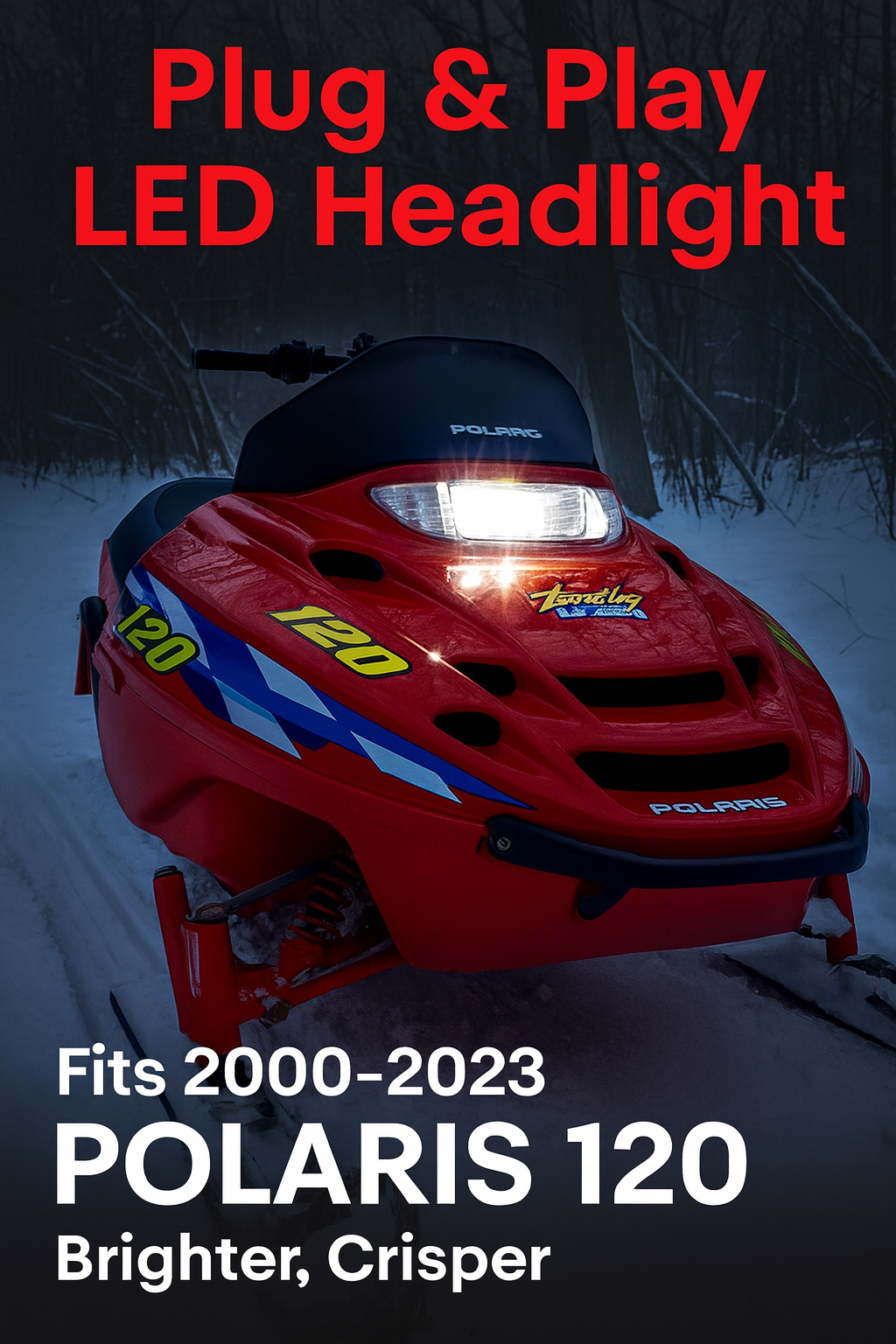 Polaris 120 snowmobile with upgraded 6000K LED headlight kit installed, plug and play OEM replacement for part numbers 4010204 and 4010207 – brighter, crisper light upgrade by LEDPowersport.